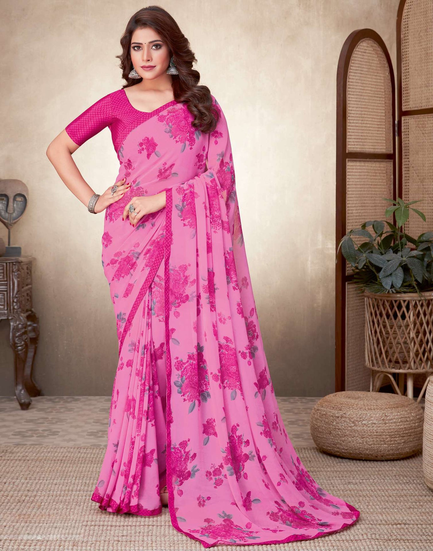Pink Floral Printed Saree | Leemboodi