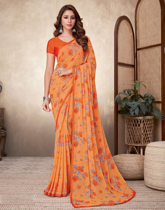 Orange Floral Printed Saree | Leemboodi