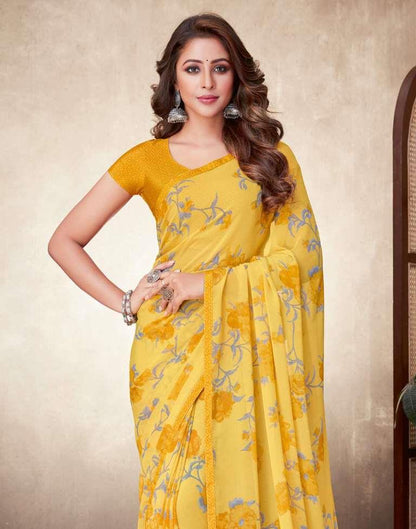 Yellow Floral Printed Saree | Leemboodi