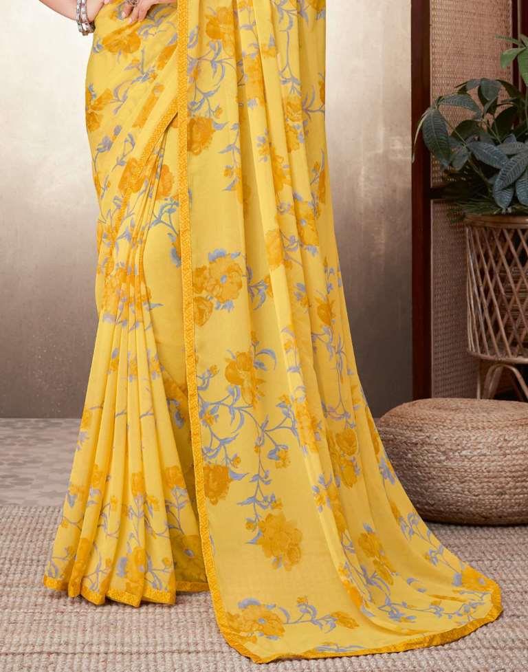 Yellow Floral Printed Saree | Leemboodi