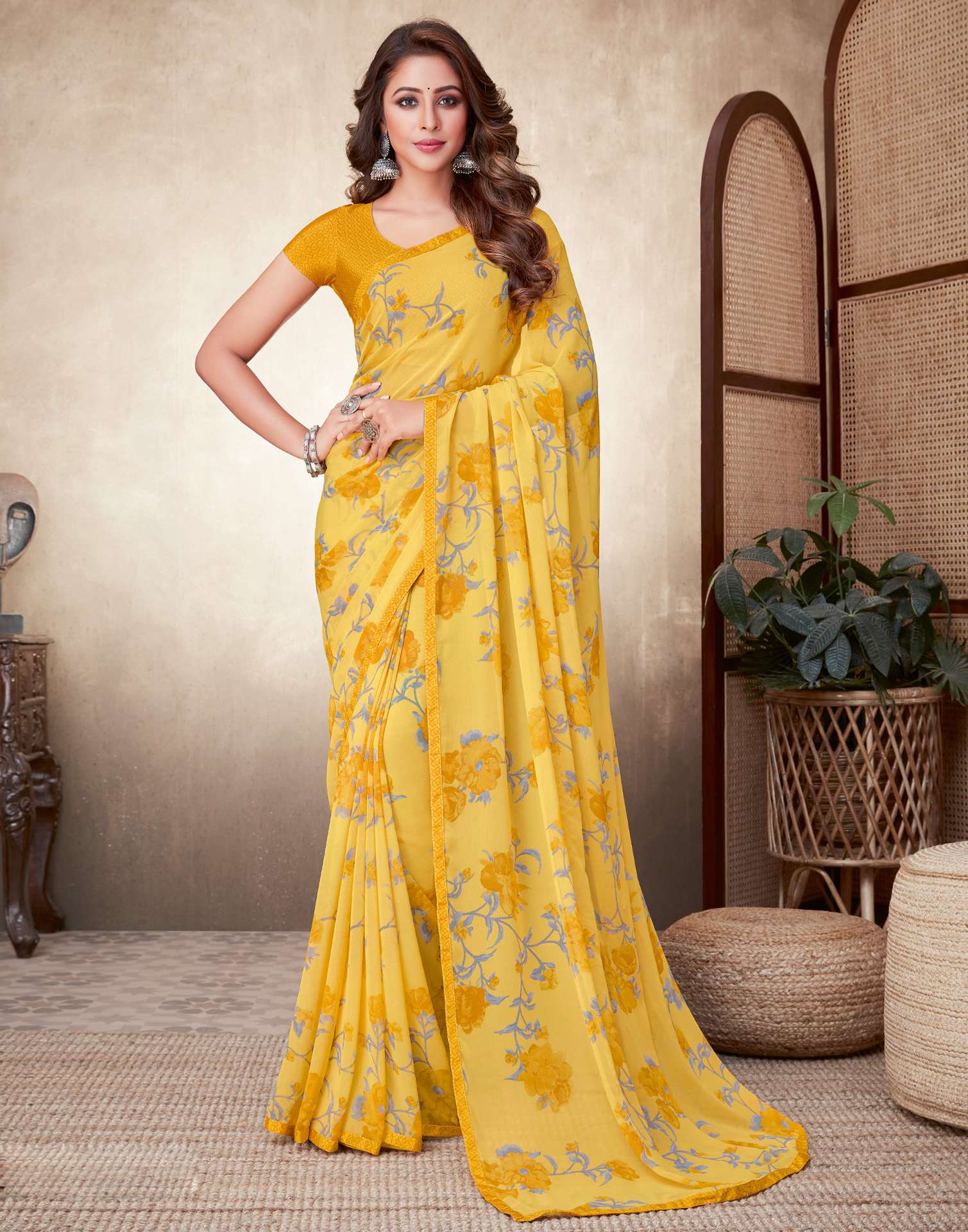 Yellow Floral Printed Saree | Leemboodi