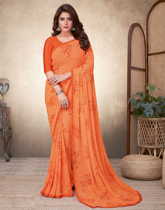 Orange Floral Printed Saree | Leemboodi