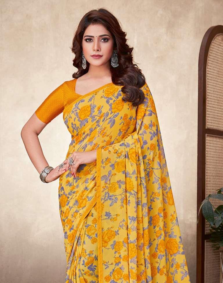 Yellow Floral Printed Saree | Leemboodi