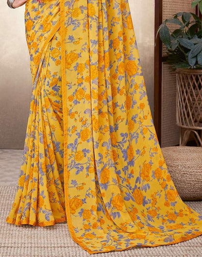 Yellow Floral Printed Saree | Leemboodi