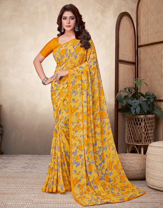 Yellow Floral Printed Saree | Leemboodi