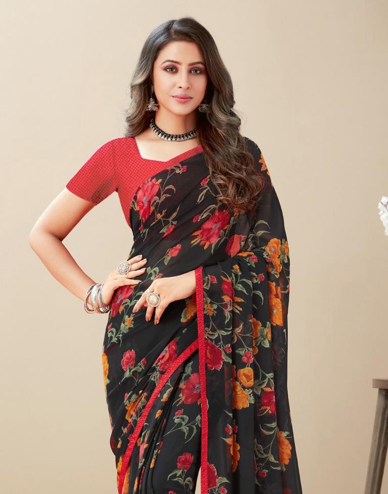 Black Floral Printed Saree | Leemboodi