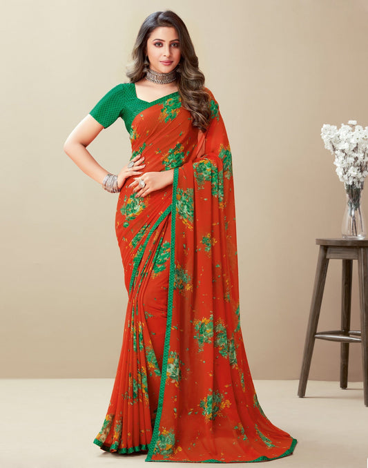 Orange Floral Printed Saree | Leemboodi