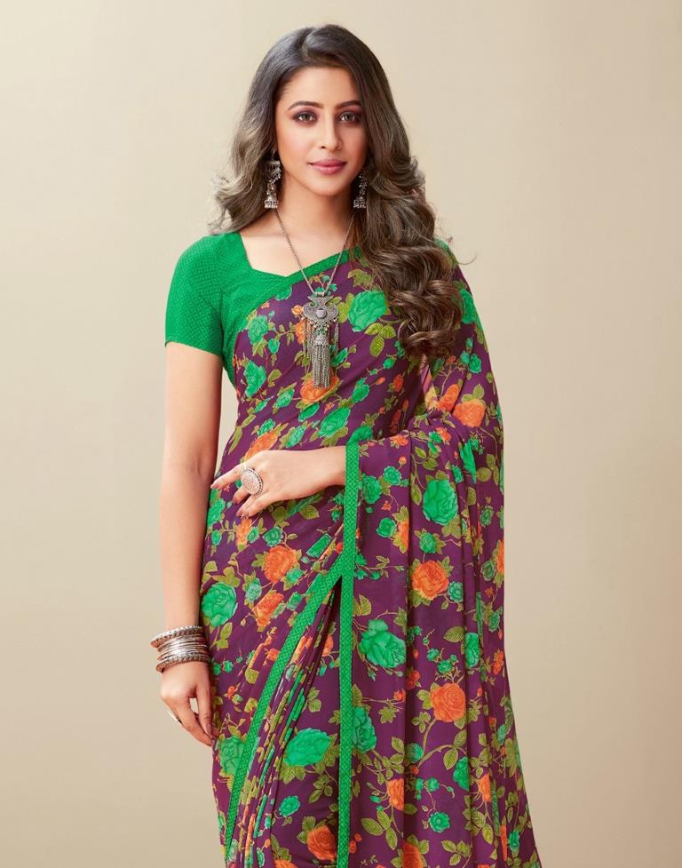 Purple Floral Printed Saree | Leemboodi