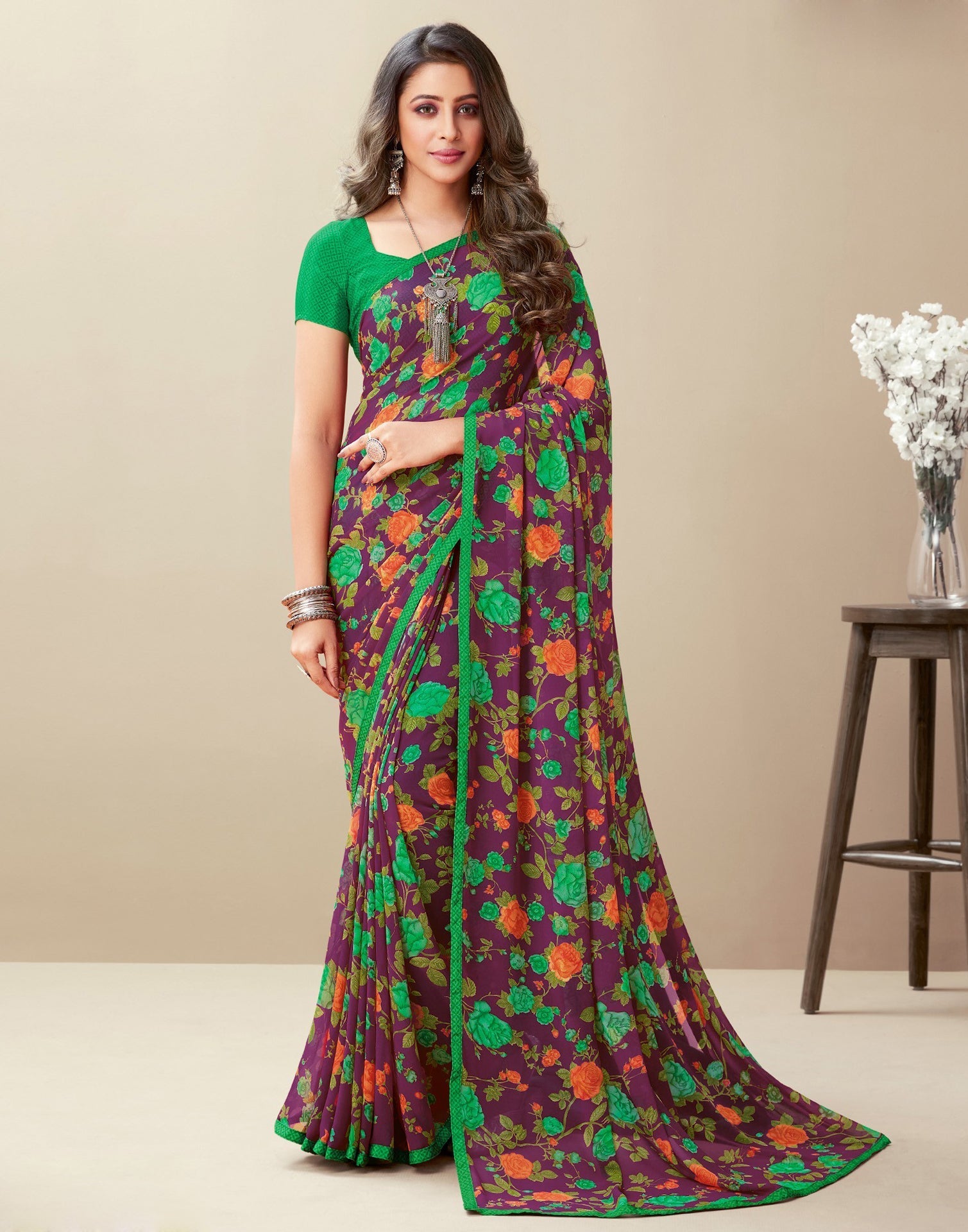 Purple Floral Printed Saree | Leemboodi