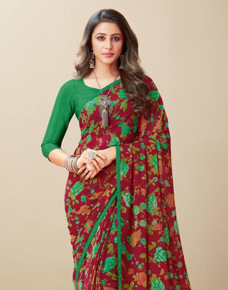 Maroon Floral Printed Saree | Leemboodi