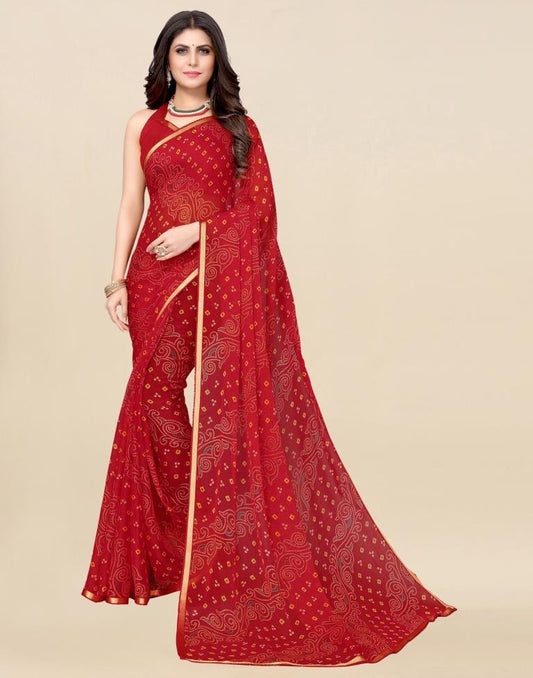 Red Chiffon Printed Saree