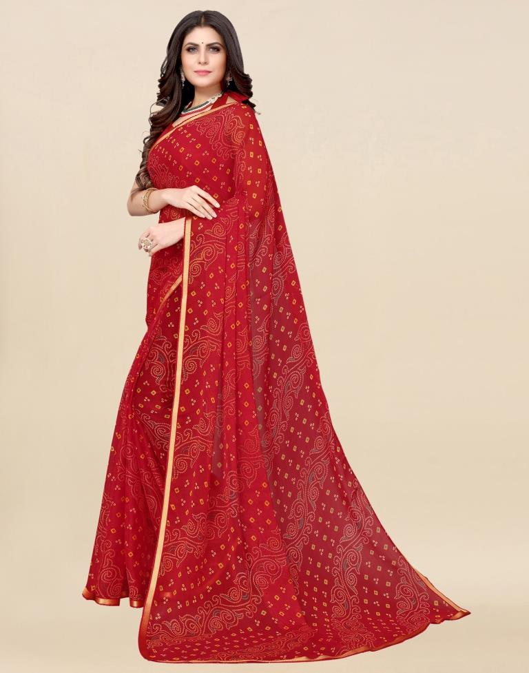 Red Chiffon Printed Saree