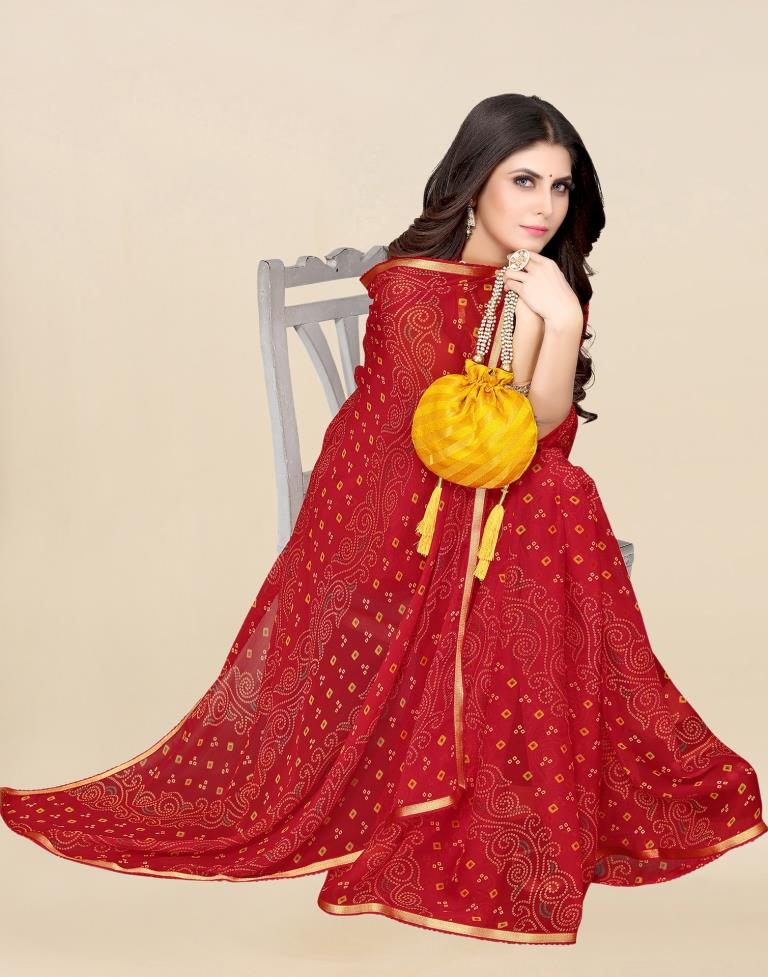 Red Chiffon Printed Saree