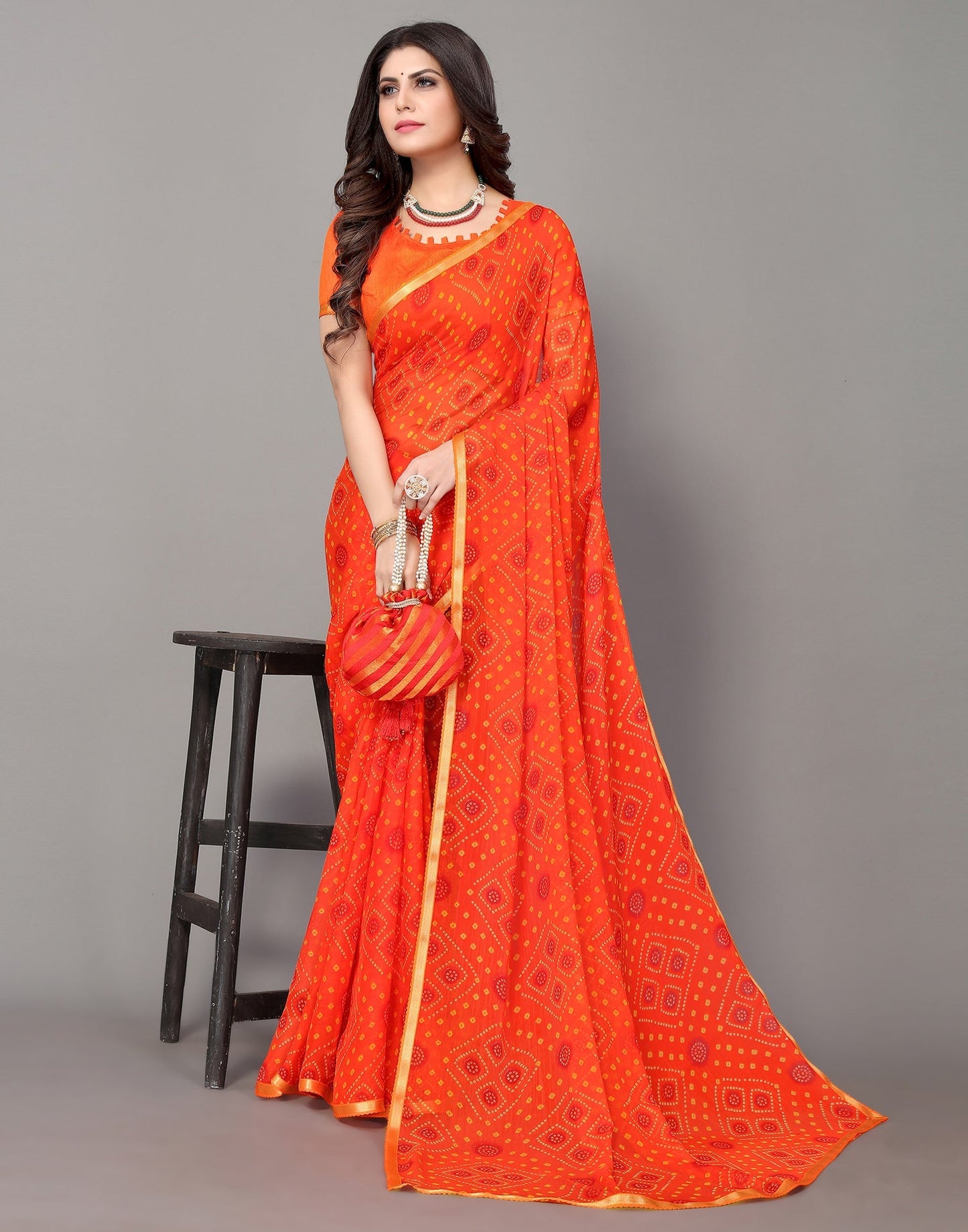 Orange Bandhani Printed Saree | Sudathi