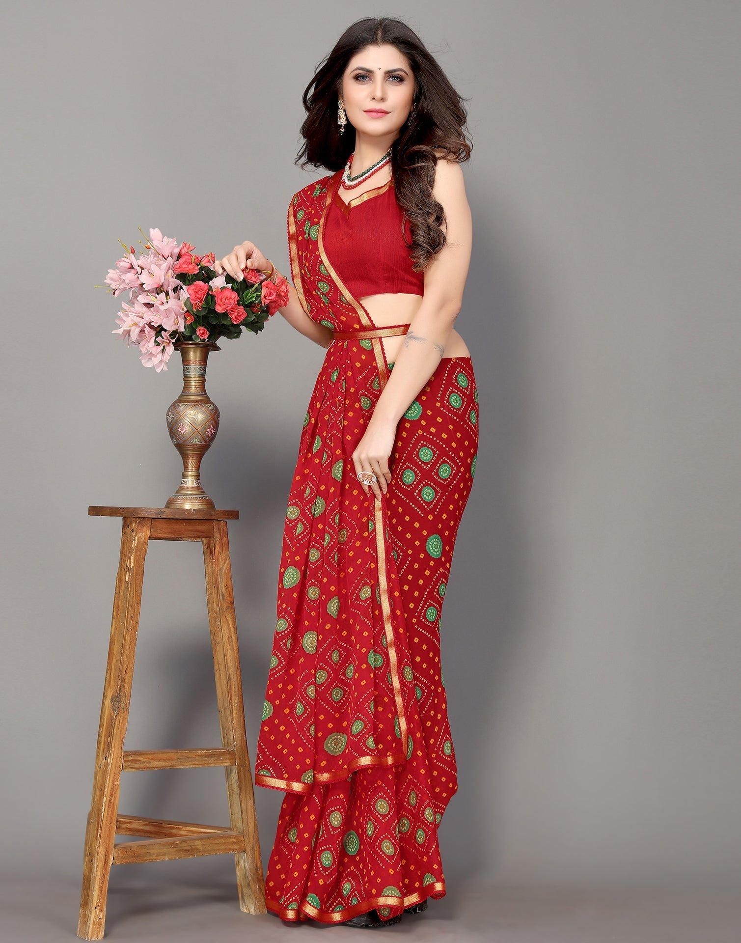 Red Bandhani Printed Saree | Sudathi