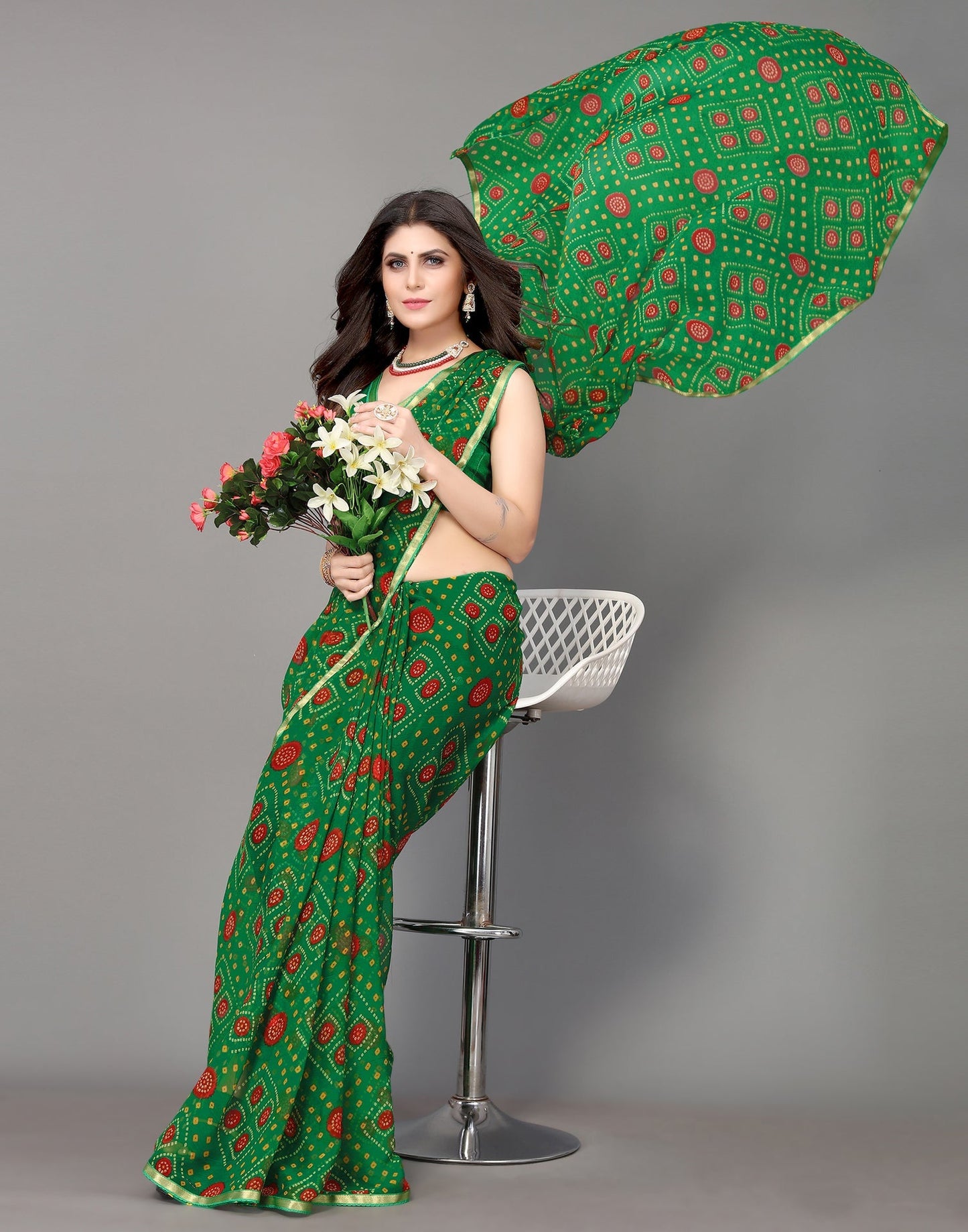 Green Bandhani Printed Saree | Sudathi