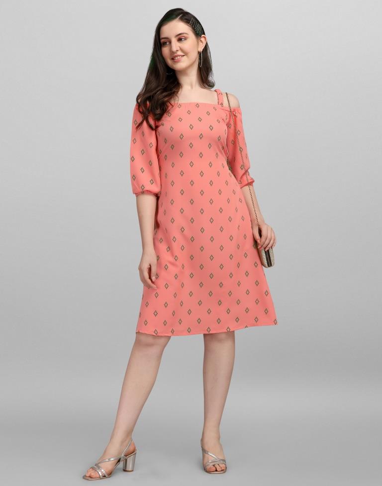 Coral Pink Coloured Crepe Printed Dress | Sudathi