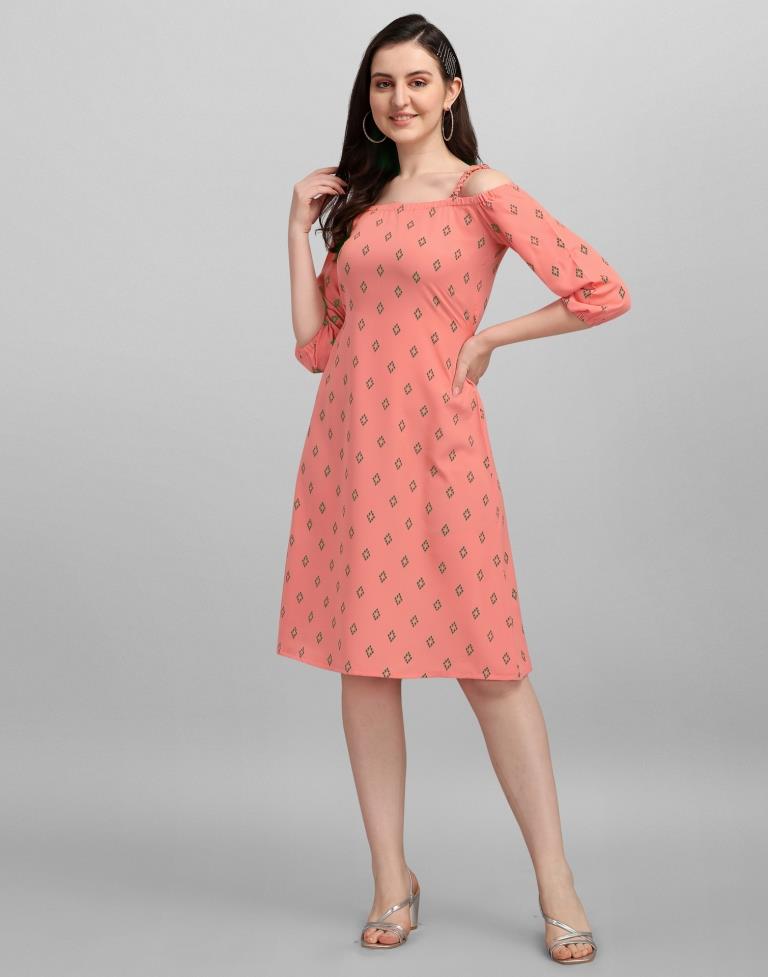 Coral Pink Coloured Crepe Printed Dress | Sudathi