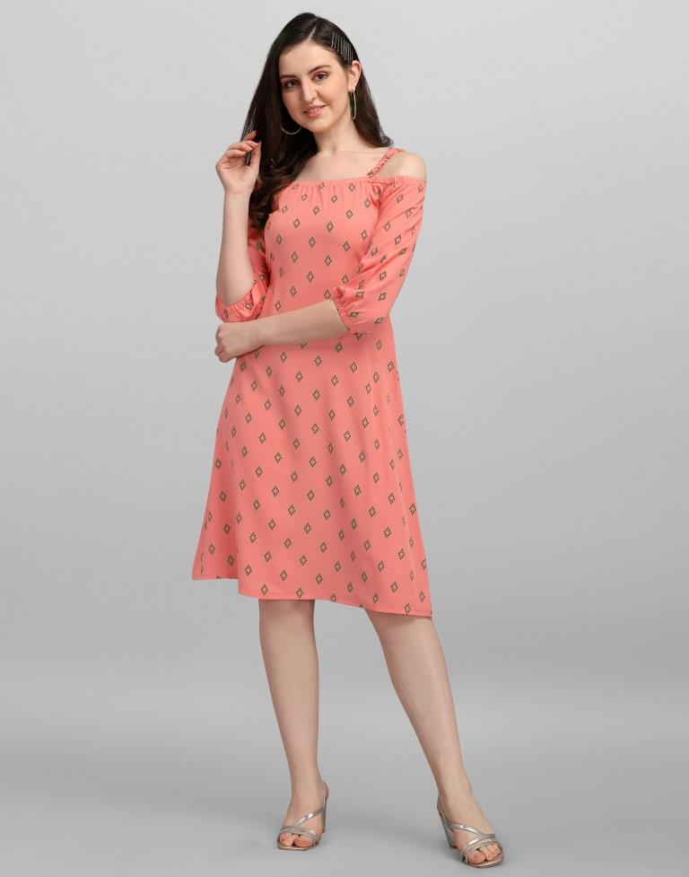 Coral Pink Coloured Crepe Printed Dress | Sudathi