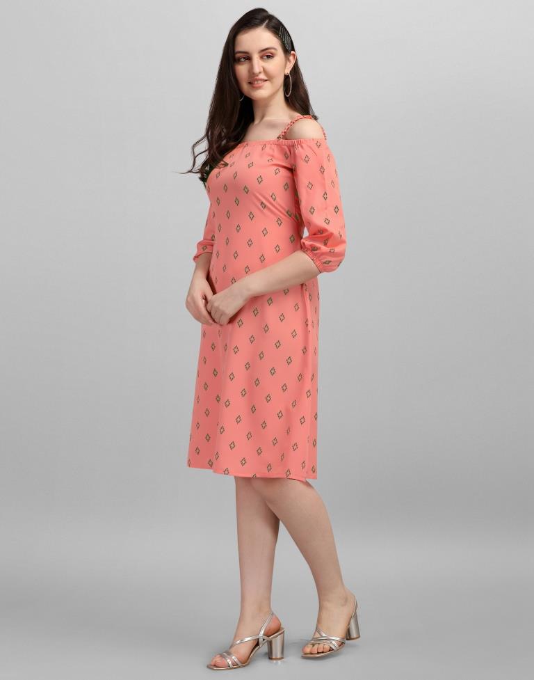 Coral Pink Coloured Crepe Printed Dress | Sudathi