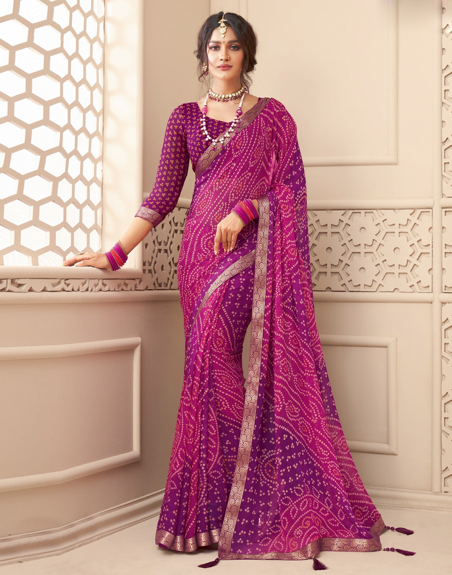 Pink And Purple Bandhani Saree | Sudathi