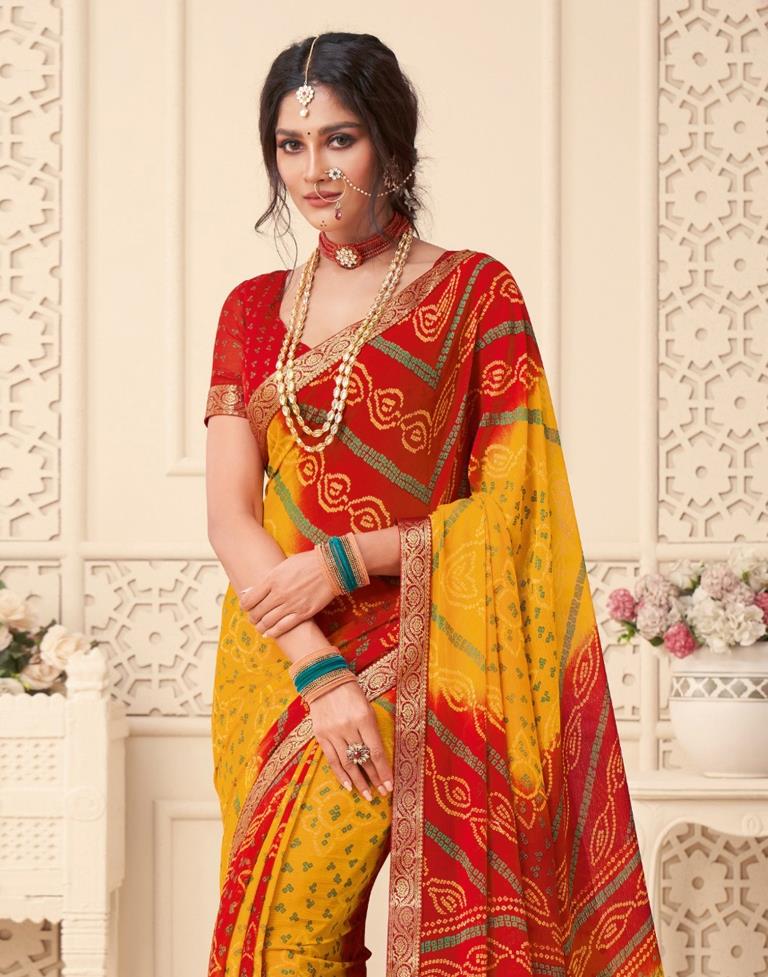 Yellow And Red Bandhani Saree | Sudathi