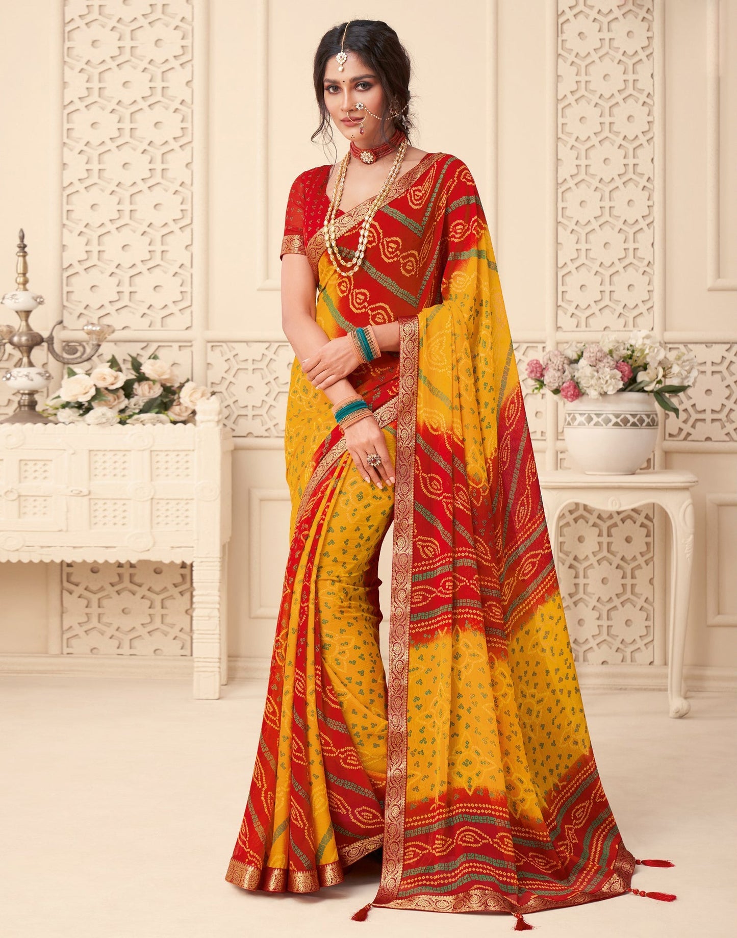 Yellow And Red Bandhani Saree | Sudathi