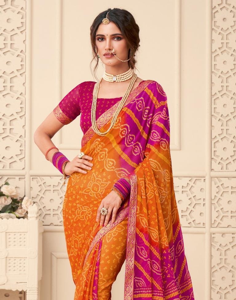 Pink And Orange Bandhani Saree | Leemboodi