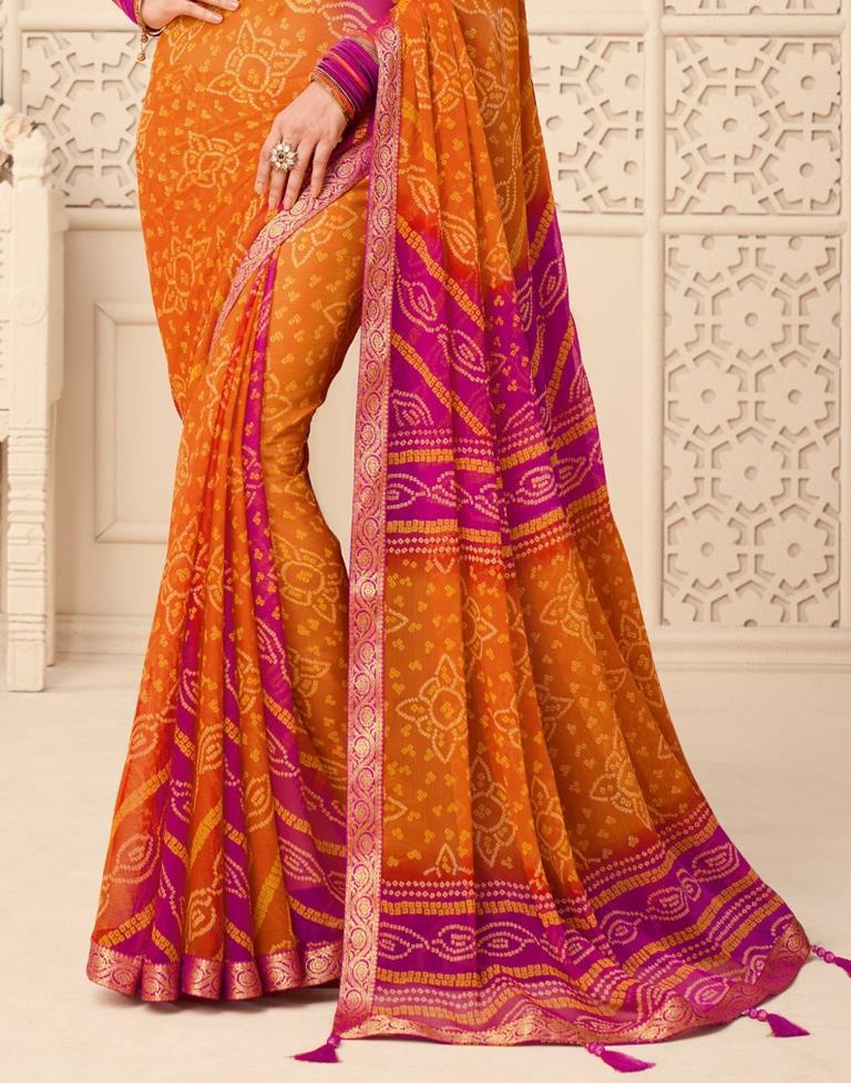 Pink And Orange Bandhani Saree | Leemboodi