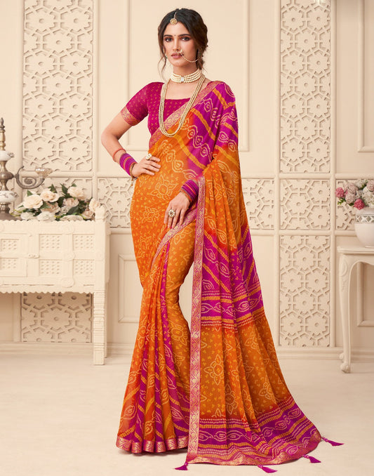 Pink And Orange Bandhani Saree | Leemboodi