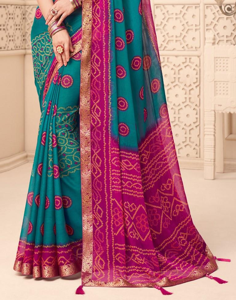 Teal Blue Bandhani Saree | Leemboodi
