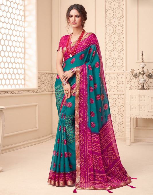 Teal Blue Bandhani Saree | Leemboodi