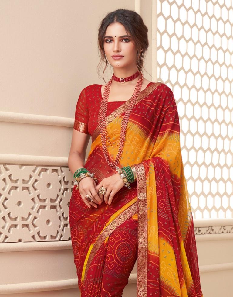 Red And Yellow Bandhani Saree | Leemboodi