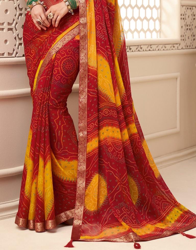 Red And Yellow Bandhani Saree | Leemboodi