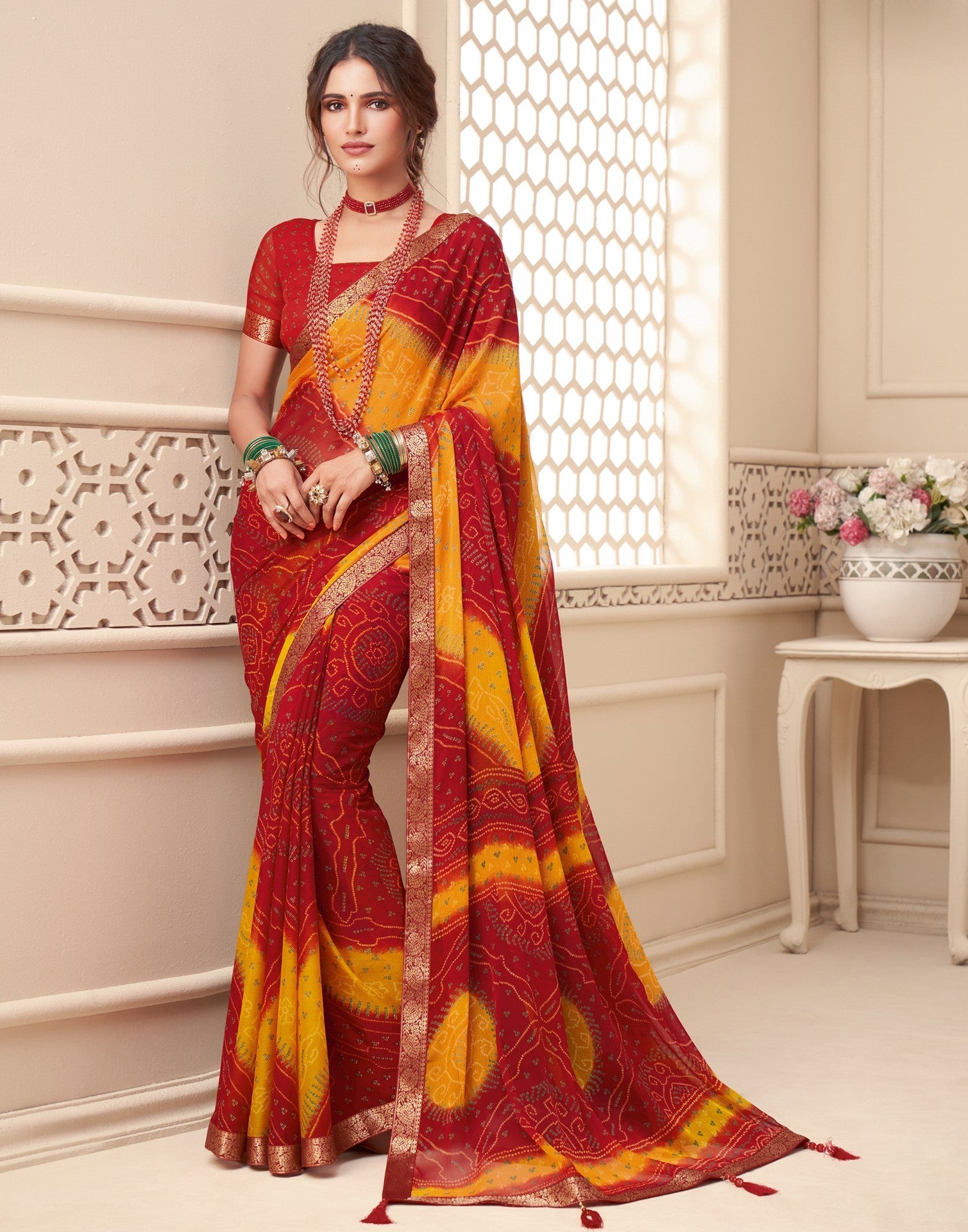 Red And Yellow Bandhani Saree | Leemboodi