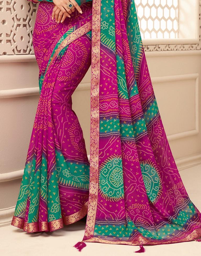Pink And Turquoise Bandhani Saree | Leemboodi