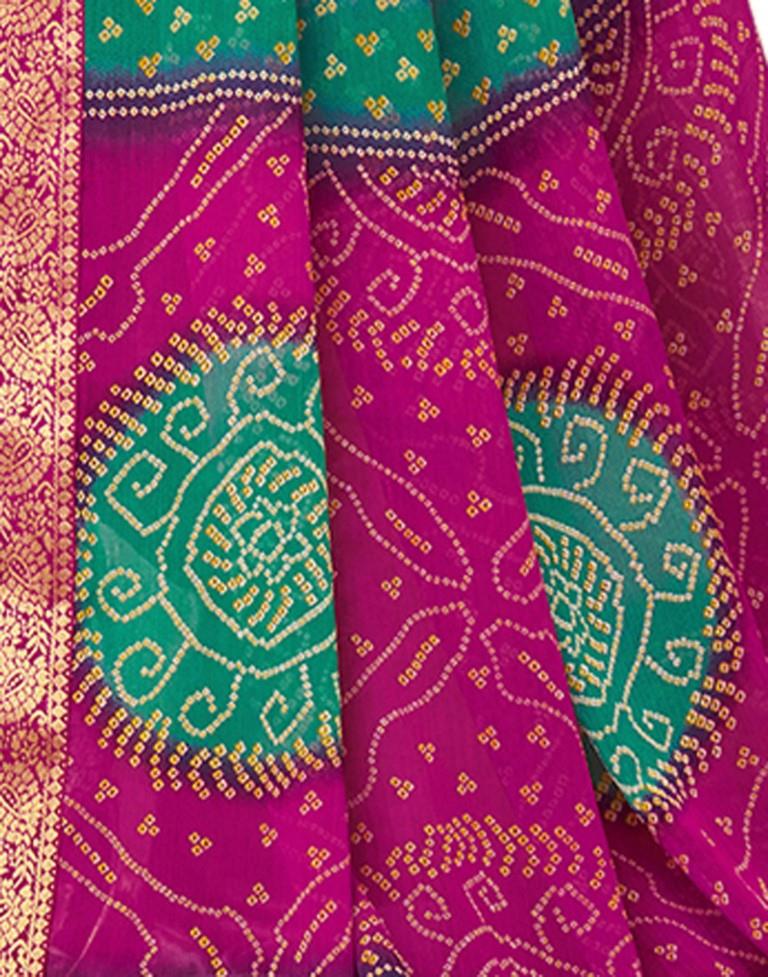 Pink And Turquoise Bandhani Saree | Leemboodi