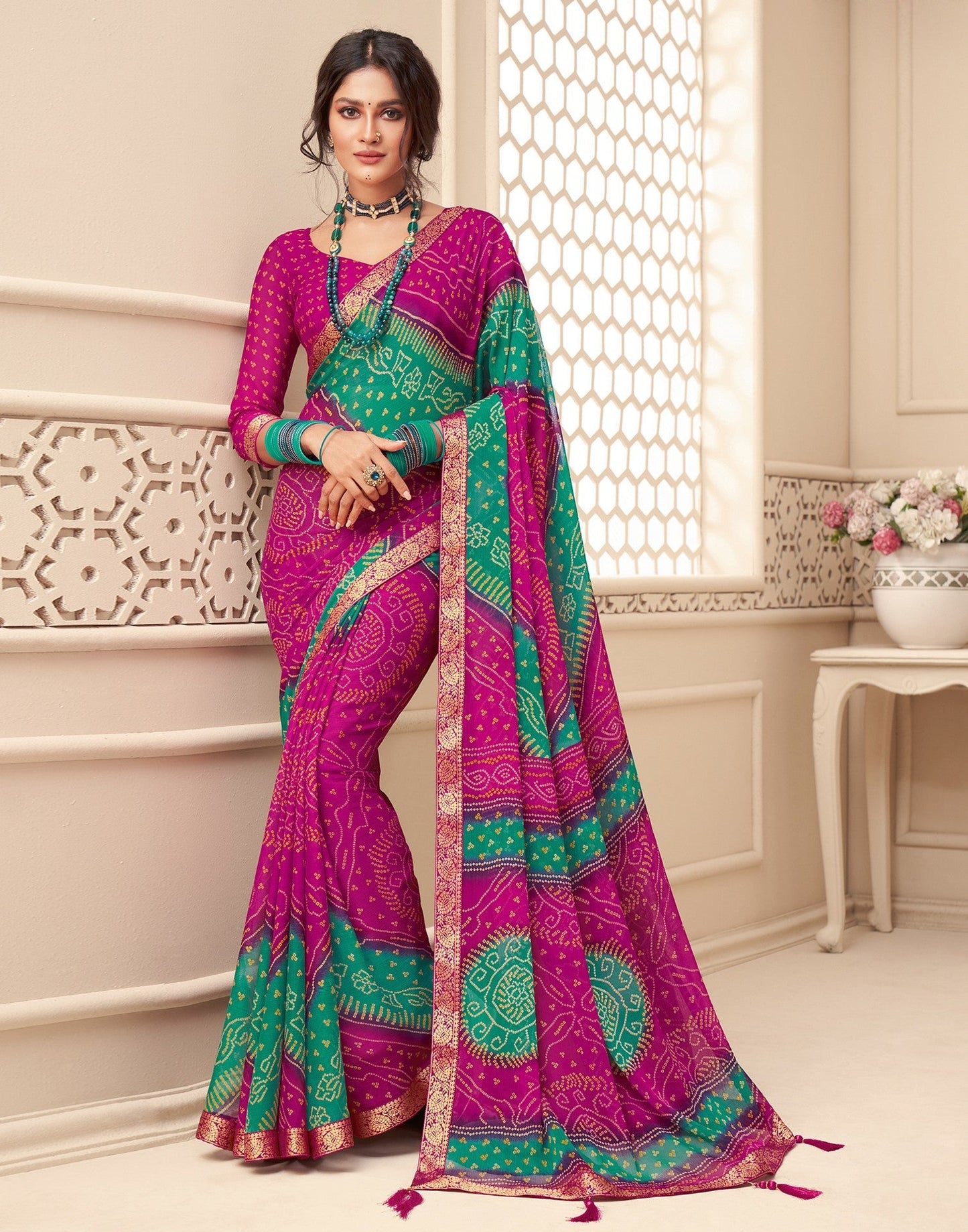 Pink And Turquoise Bandhani Saree | Leemboodi