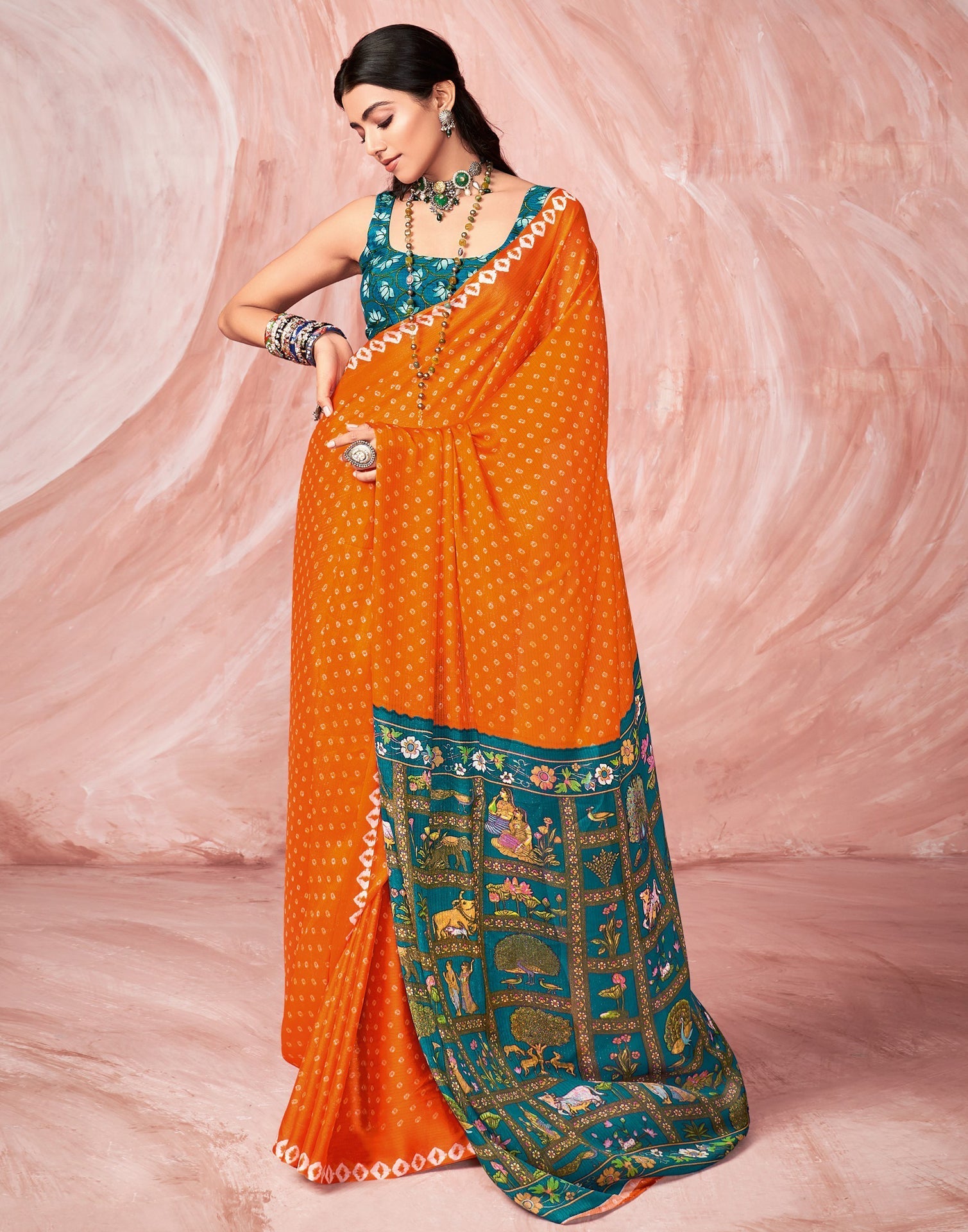 Orange Chiffon Zari Saree | Leemboodi