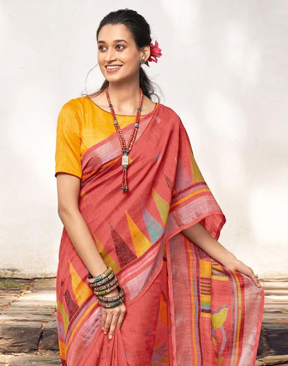 Coral Pink Linen Saree | Leemboodi