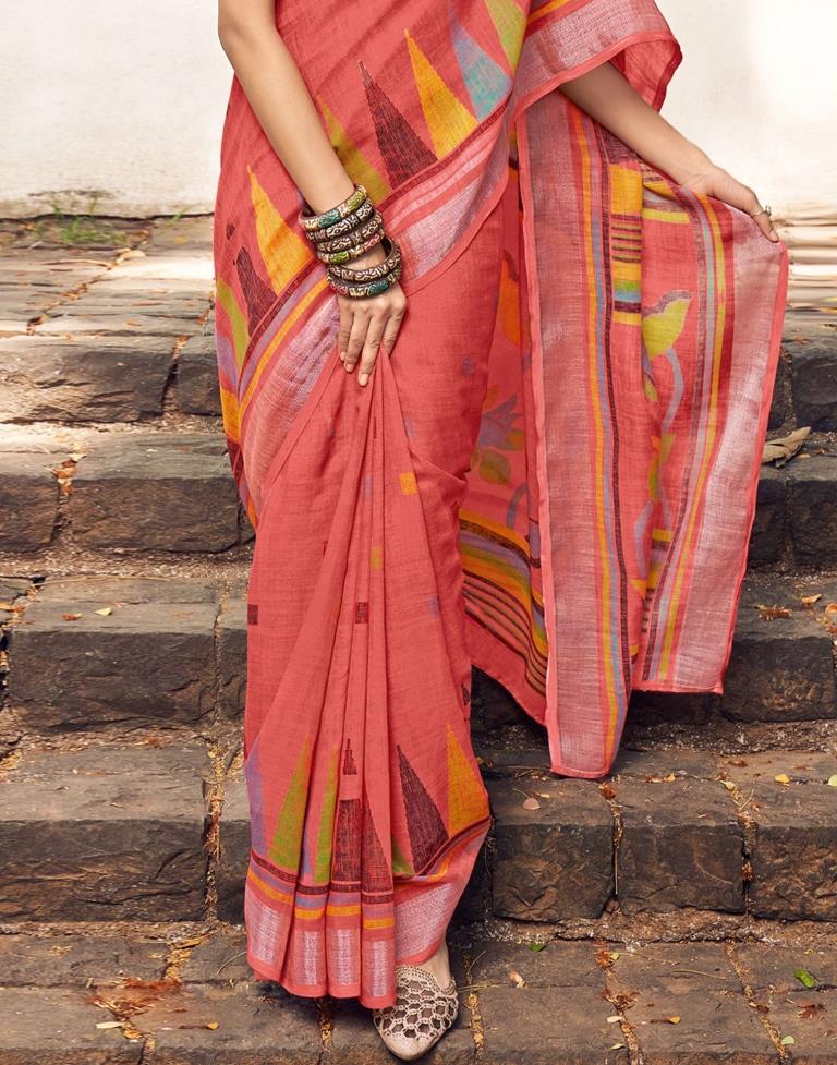 Coral Pink Linen Saree | Leemboodi