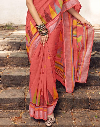 Coral Pink Linen Saree | Leemboodi