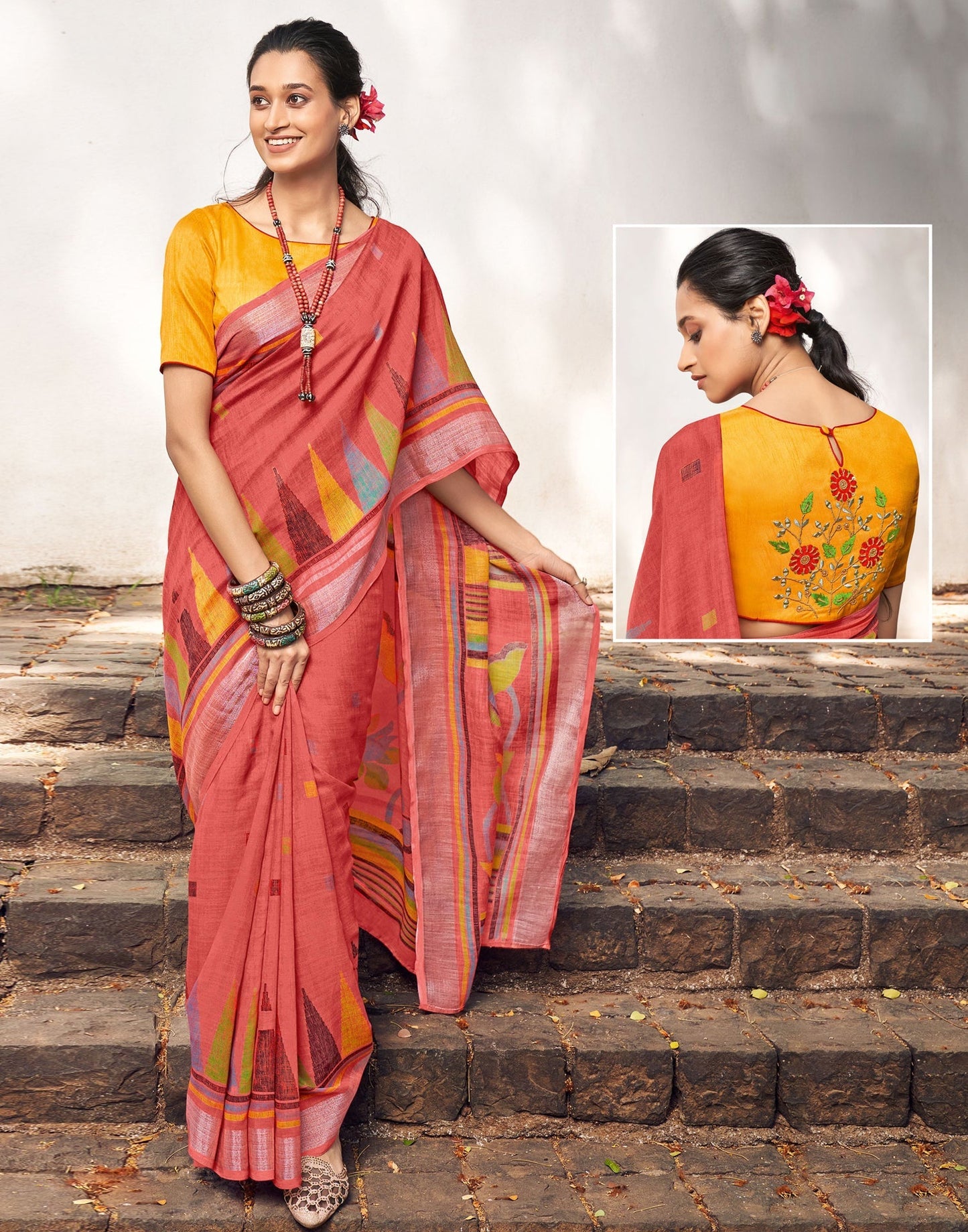 Coral Pink Linen Saree | Leemboodi