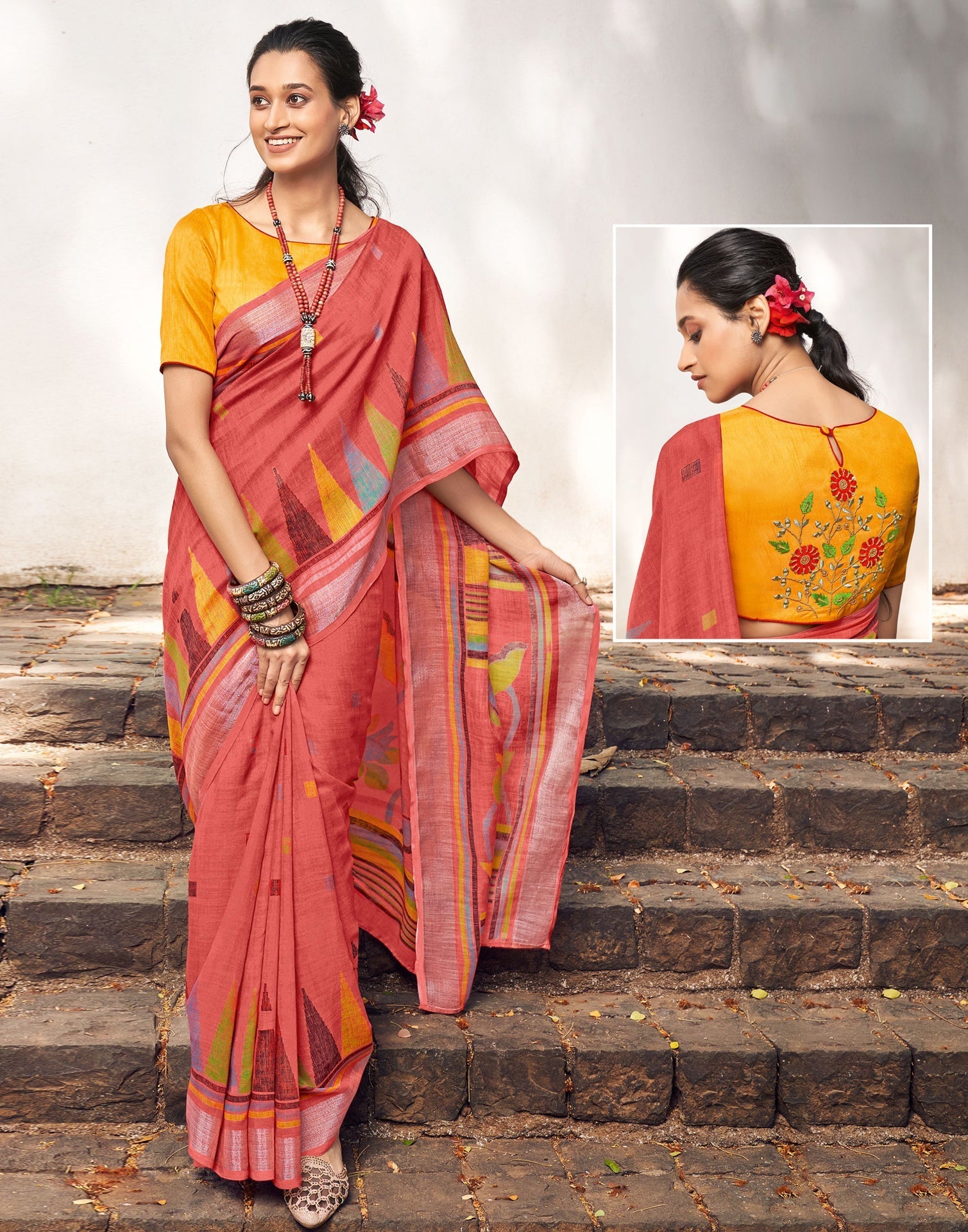 Coral Pink Linen Saree | Leemboodi