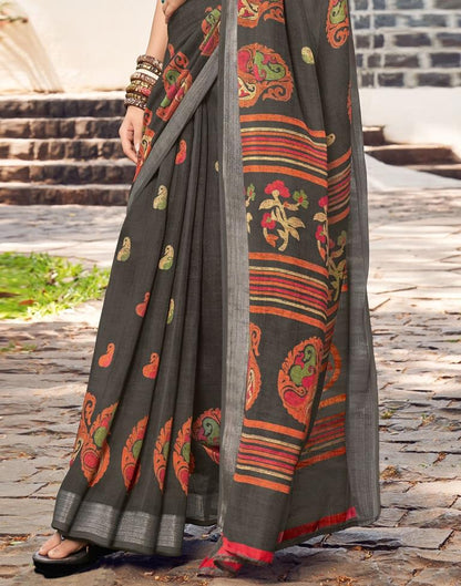 Dark Grey Linen Saree | Leemboodi