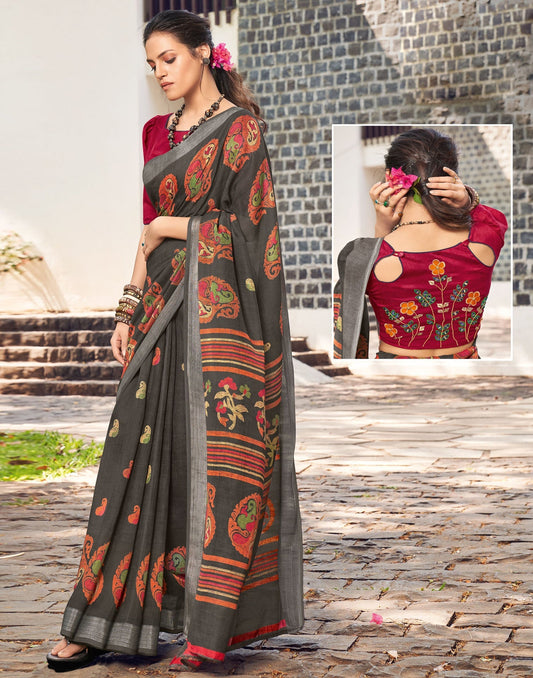 Dark Grey Linen Saree | Leemboodi