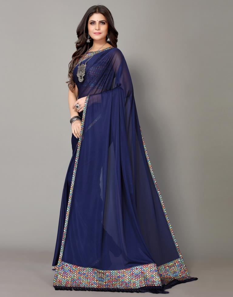 Navy Blue Plain Saree | Sudathi