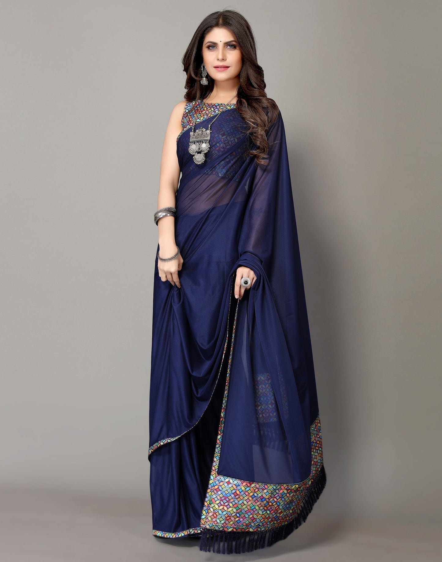 Navy Blue Plain Saree | Sudathi