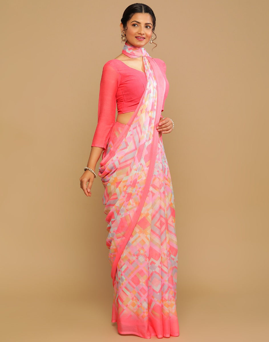 Pink And Multicolour Printed Saree | Leemboodi