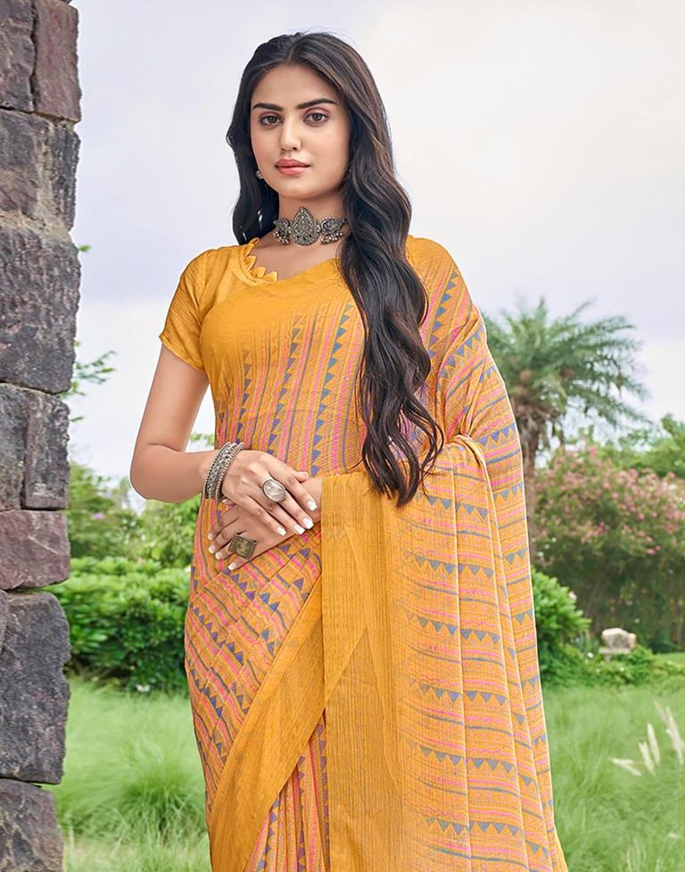 Mustard Yellow Printed Saree | Sudathi